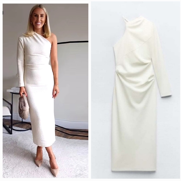 Zara Midi Asymmetrical Dress Ecru New - Picture 1 of 9